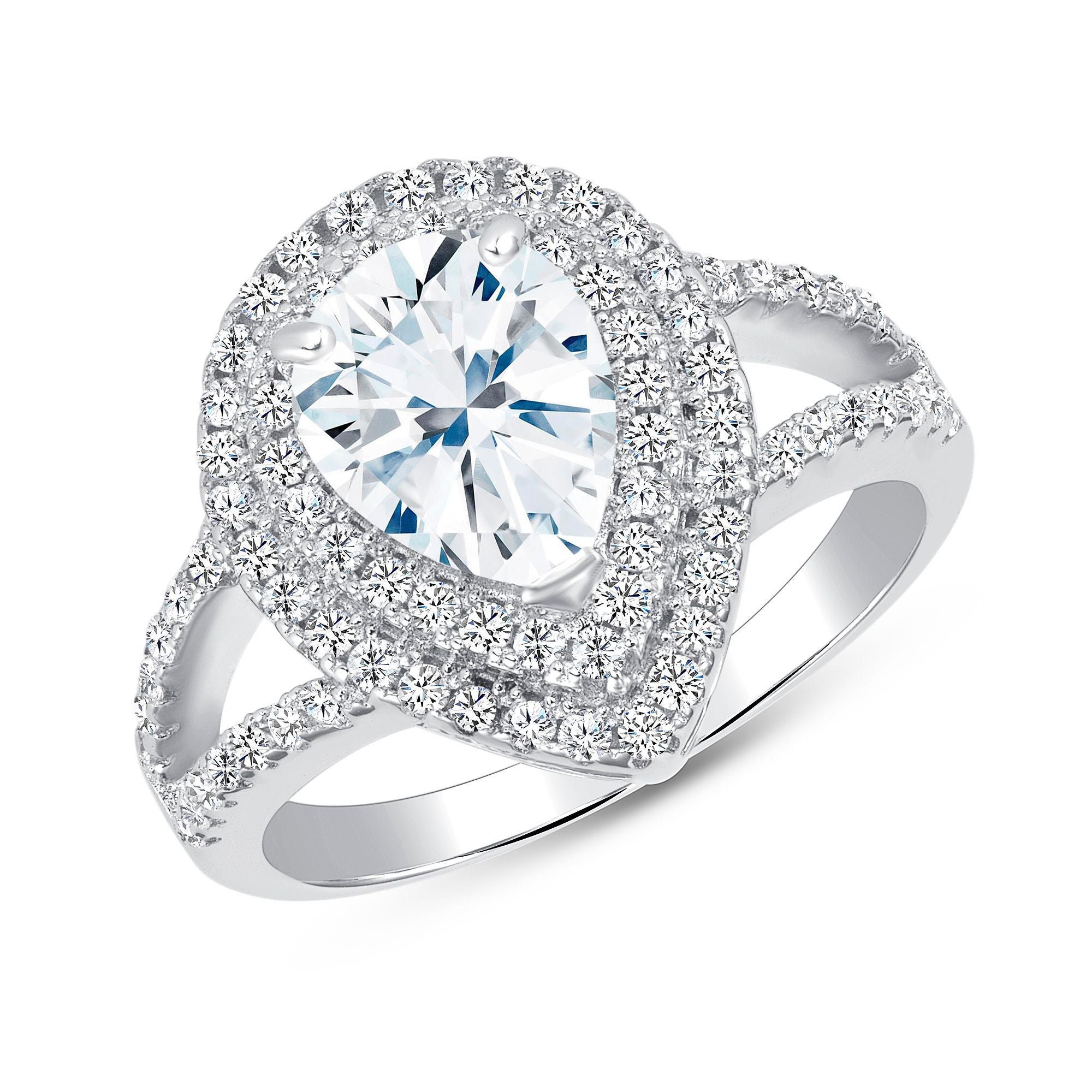 925 Sterling Silver Pear Cut CZ with Double Halo &amp; Split Pavé Band Engagement Ring