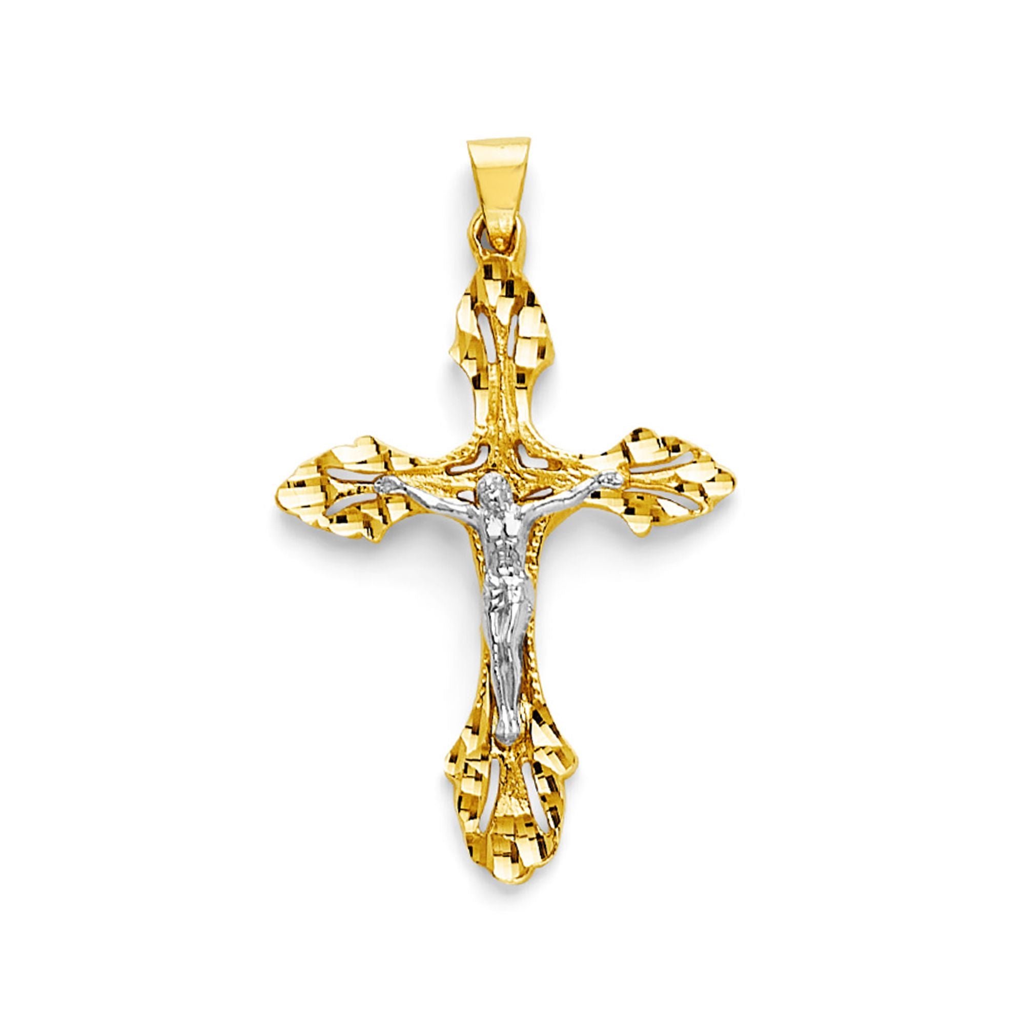 Two Tone Gold Cutout Accented Arrowhead Diamond Cut Edged Crucifix Cross Pendant