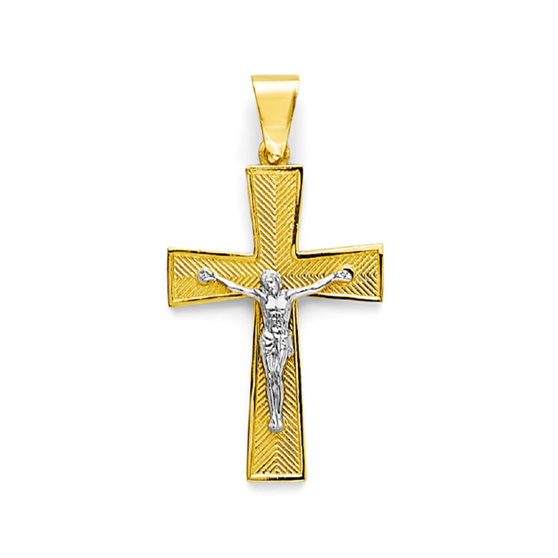 Two Tone Gold Chevron Patterned with Border Crucifix Cross Pendant