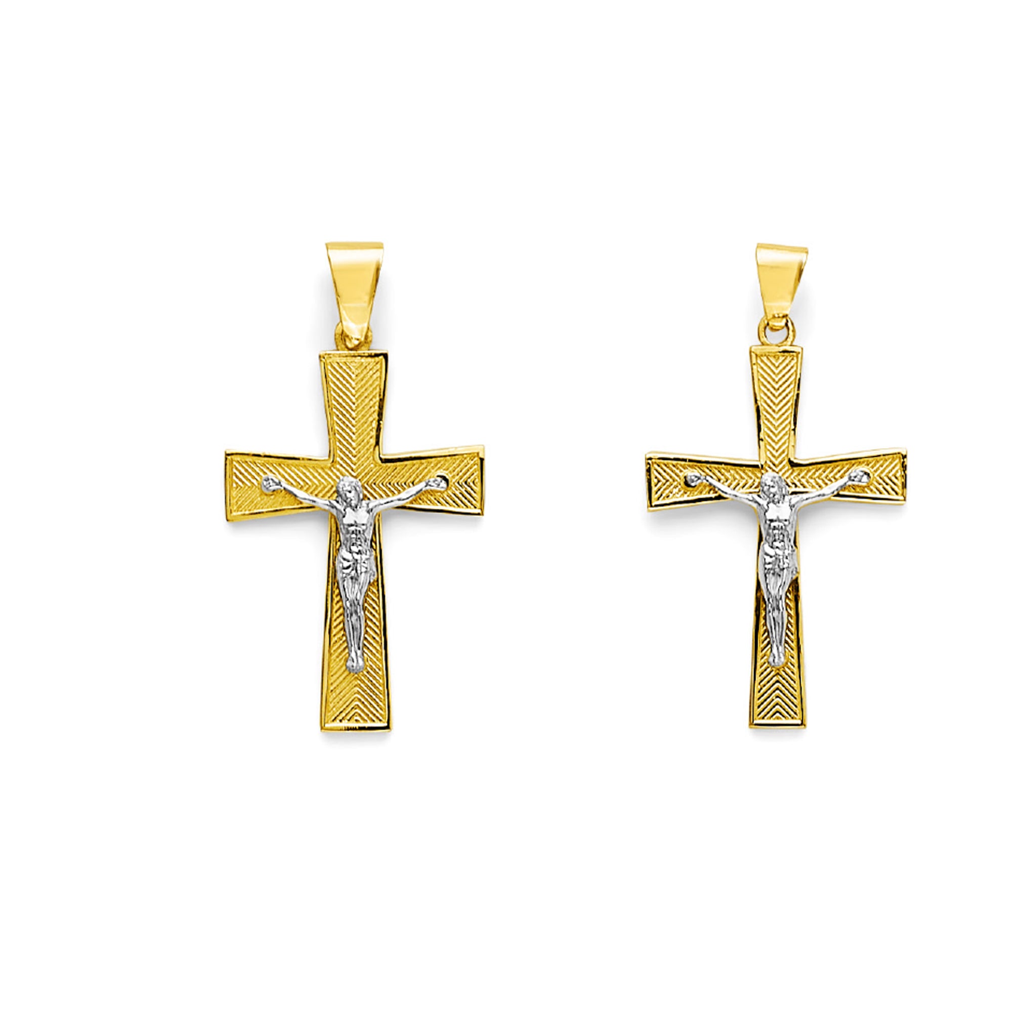 Two Tone Gold Chevron Patterned with Border Crucifix Cross Pendant