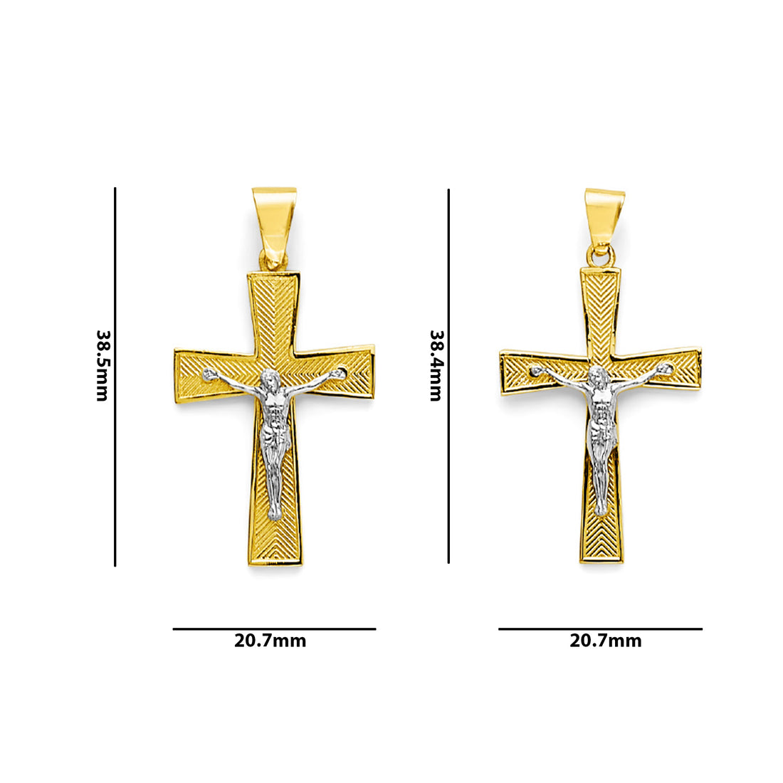 Two Tone Gold Chevron Patterned with Border Crucifix Cross Pendant