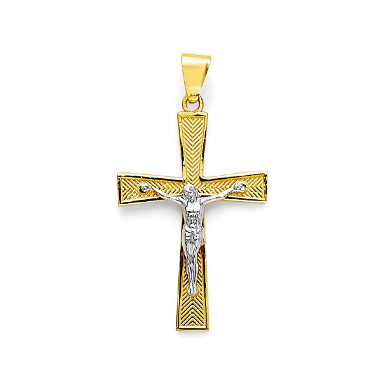 Two Tone Gold Chevron Patterned with Border Crucifix Cross Pendant