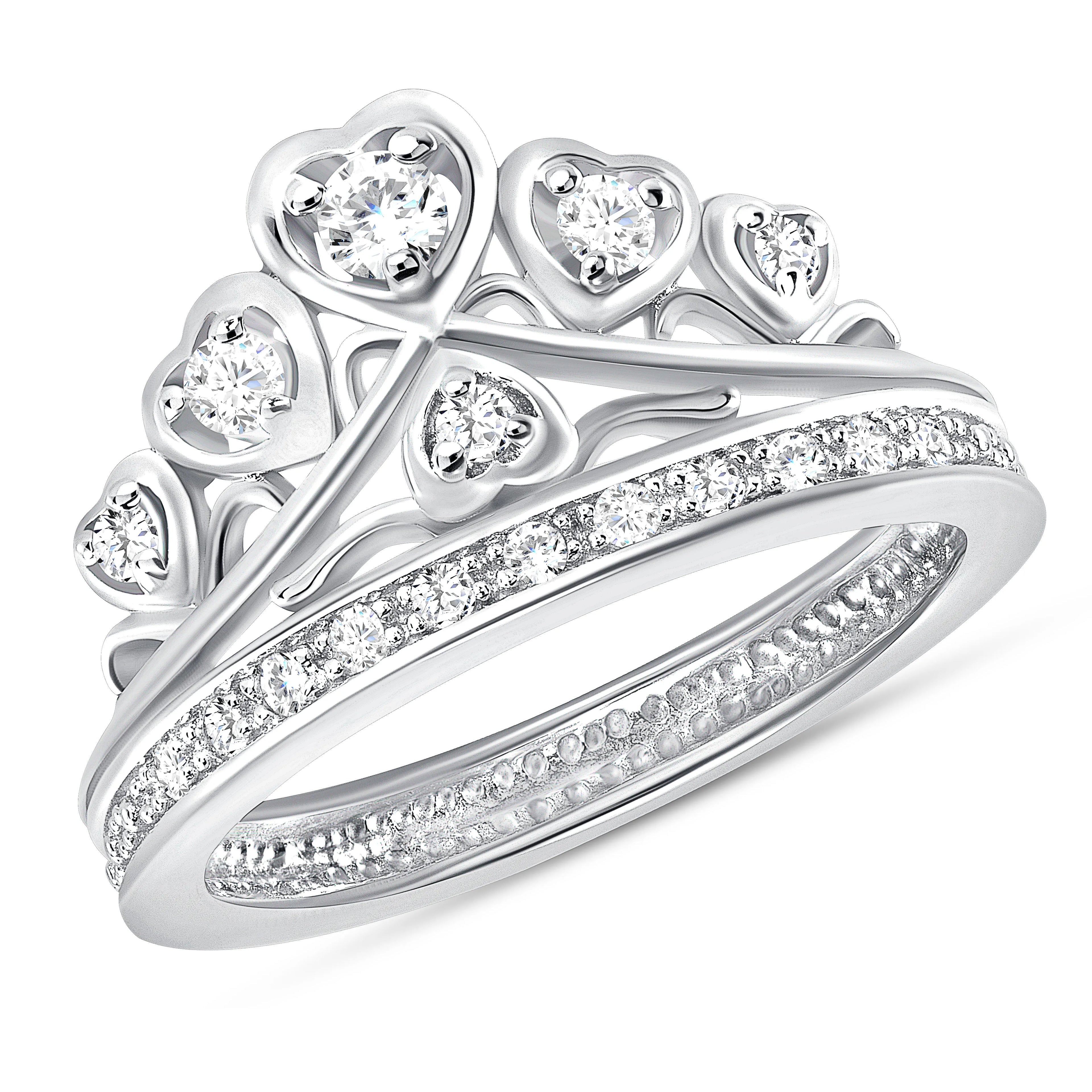 925 Sterling Silver Channel Set Round CZ Heart Crown Ring