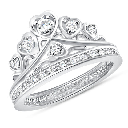 925 Sterling Silver Channel Set Round CZ Heart Crown Ring