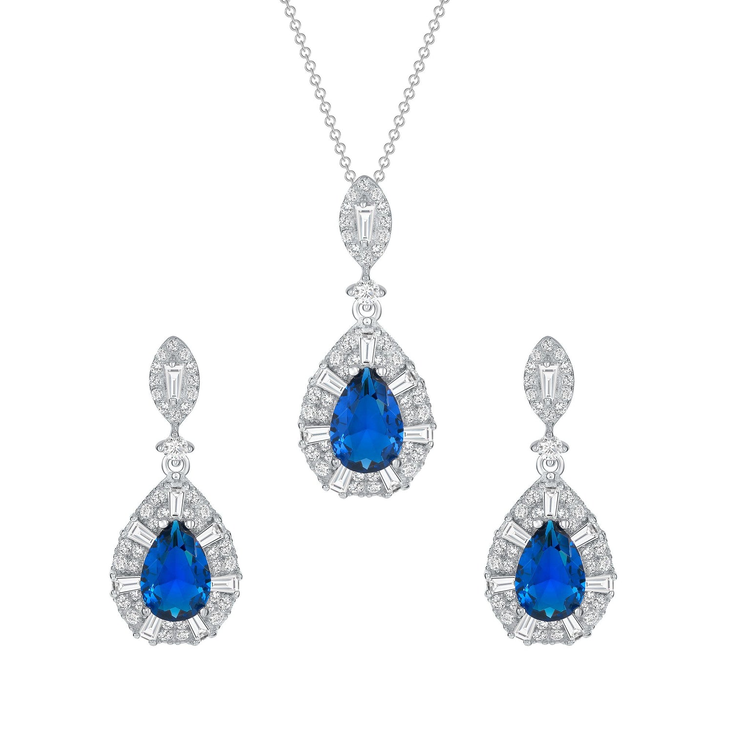 925 Sterling Silver Pear Cut Blue CZ with Round Cut &amp; Baguette Cut White CZ Halo Teardrop Pendant &amp; Earrings Jewelry Set