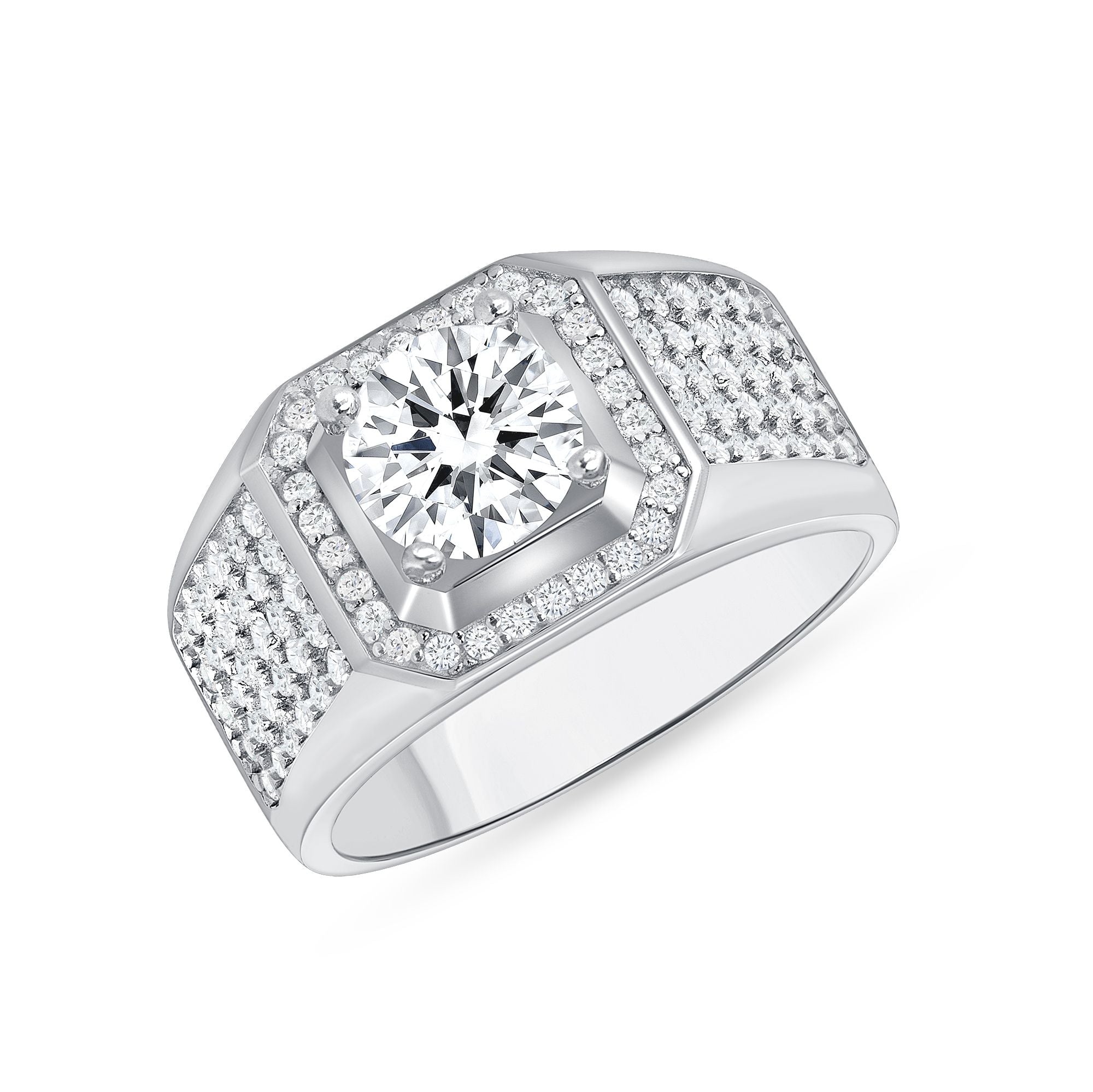 925 Sterling Silver Round Cut CZ with Rounded Square Halo &amp; Pavé Stripe Men&