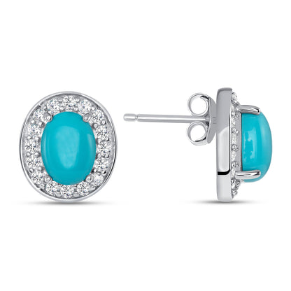 925 Sterling Silver Halo Oval Turquoise Stud Earrings