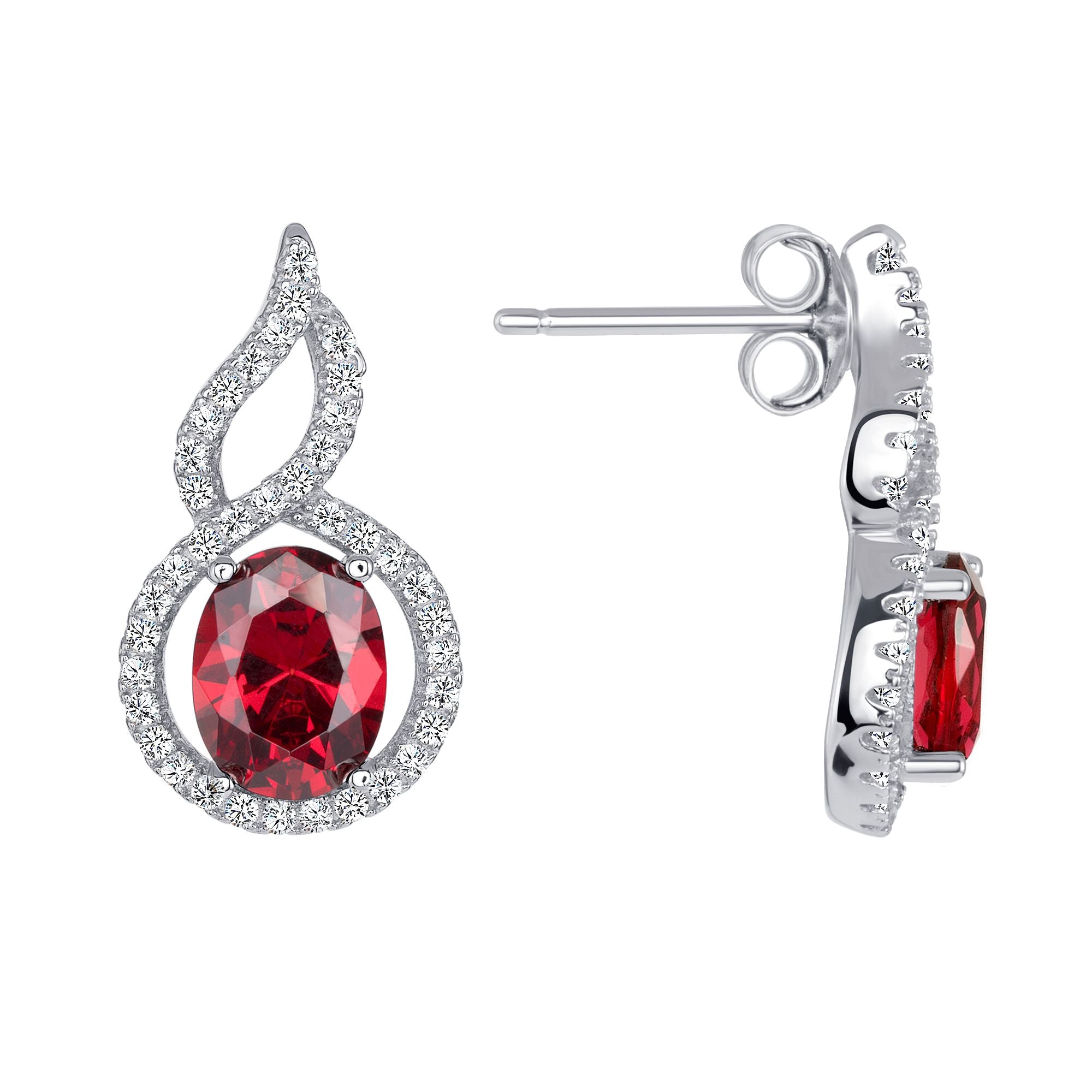 925 Sterling Silver Oval Cut Red CZ with Twisted CZ Halo Teardrop Pendant &amp; Earrings Jewelry Set