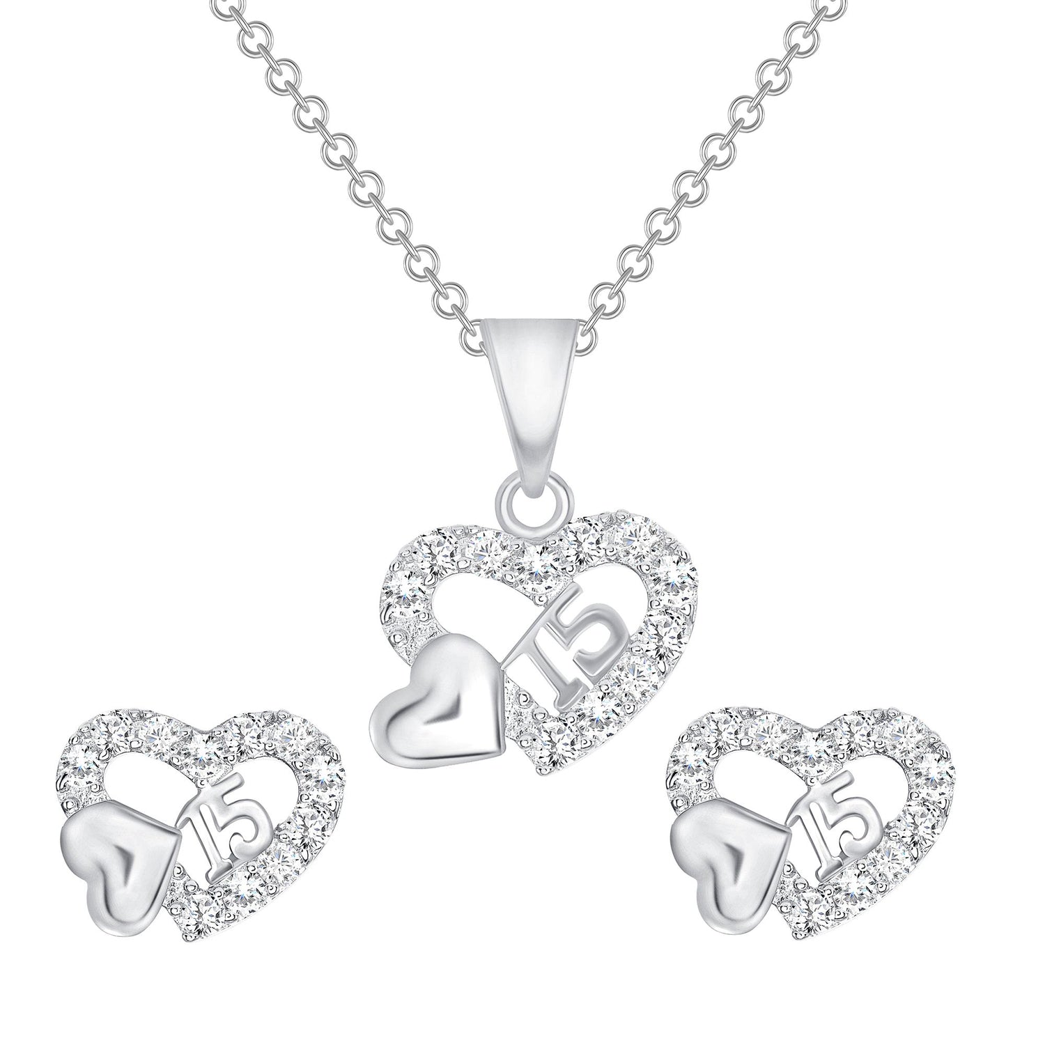925 Sterling Silver Round Cut CZ Outline Heart with Solid Heart &amp; 15 Pendant &amp; Stud Earrings Jewelry Set