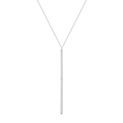925 Sterling Silver Long Pavé CZ Vertical Bar Pendant Necklace