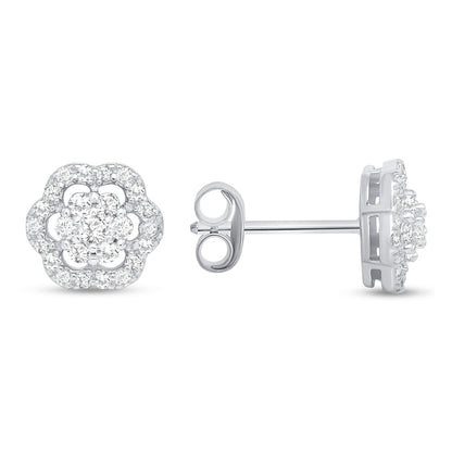 925 Sterling Silver Round Cut CZ Cluster Flower Pendant &amp; Stud Earrings Jewelry Set