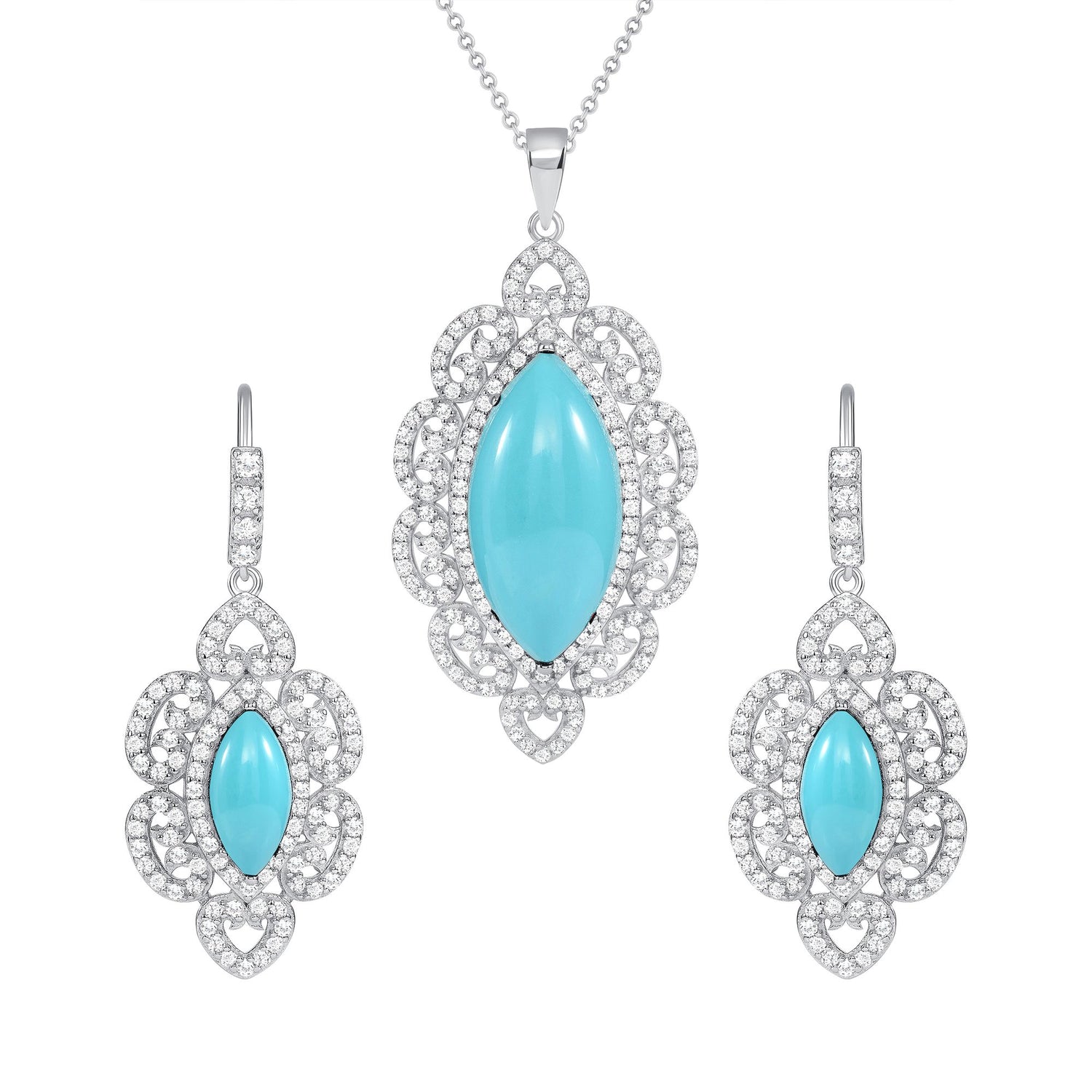 925 Sterling Silver Marquise Cut Turquoise &amp; Pavé CZ Vintage Halo Teardrop Pendant &amp; Earrings Jewelry Set