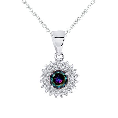 925 Sterling Silver Round Cut Mystic Topaz with Two Tier White CZ Pointed Halo Pendant &amp; Stud Earrings Jewelry Set