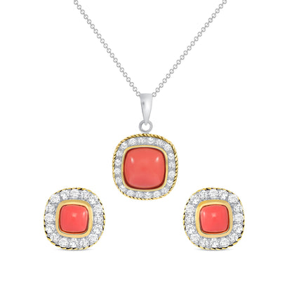 925 Sterling Silver Square Cut Coral with CZ Halo &amp; Rope Border Two Tone Pendant &amp; Stud Earrings Jewelry Set