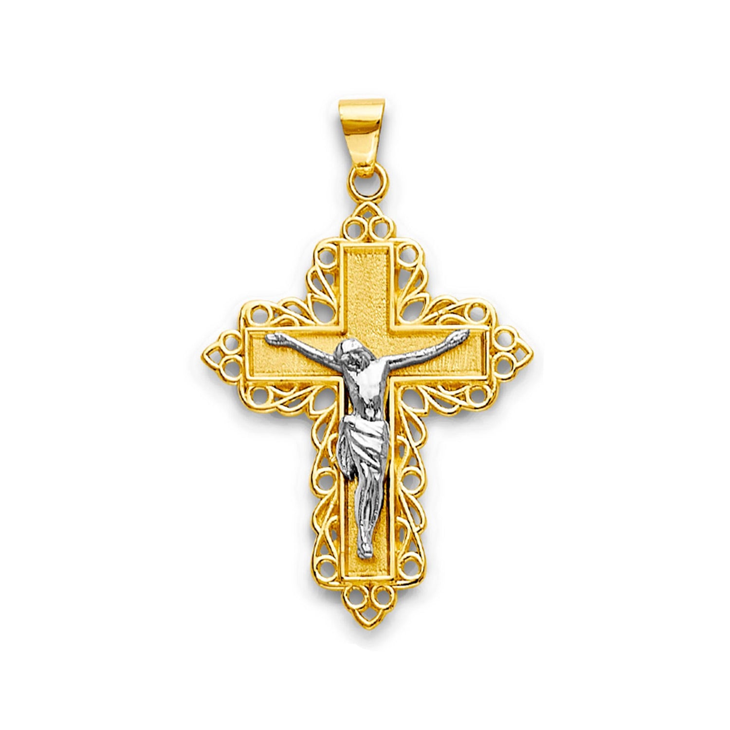 Two Tone Gold Filigree Border Crucifix Cross Pendant