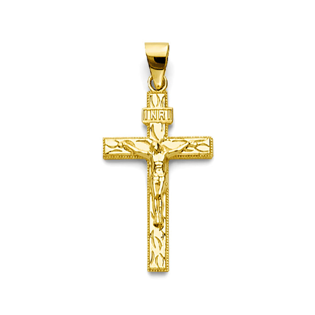 Yellow Gold Milgrain Bordered Wood Carvings Crucifix INRI Cross Pendant