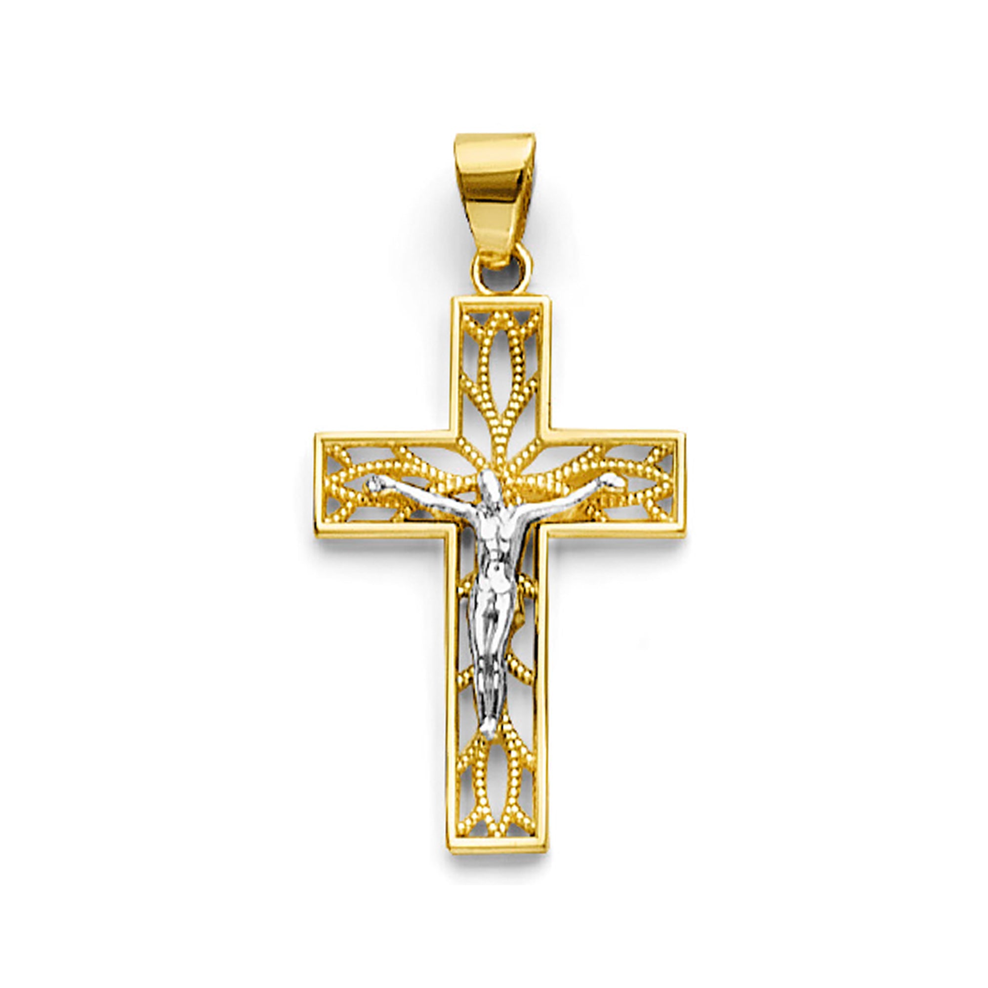 Two Tone Gold Filigree Crucifix Cross Pendant 