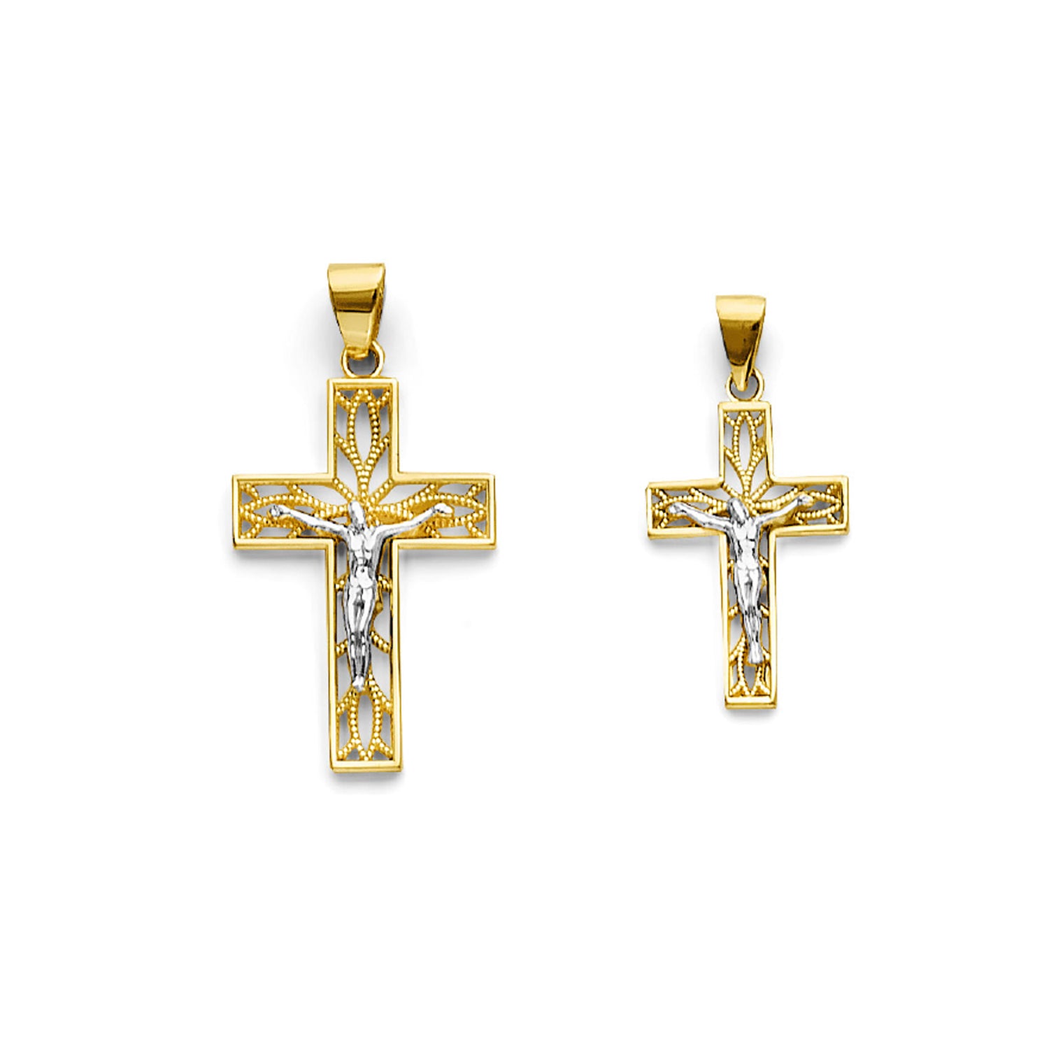 Two Tone Gold Filigree Crucifix Cross Pendant