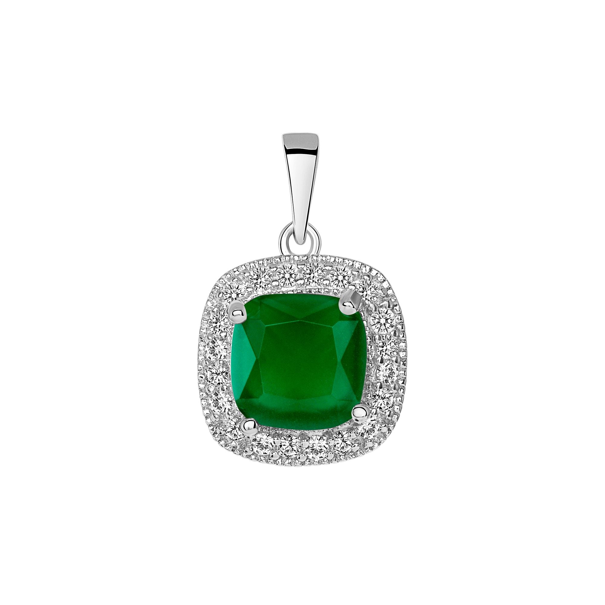 925 Sterling Silver Square Cut Green CZ with Round Cut CZ Pavé Halo Pendant &amp; Stud Earrings Jewelry Set