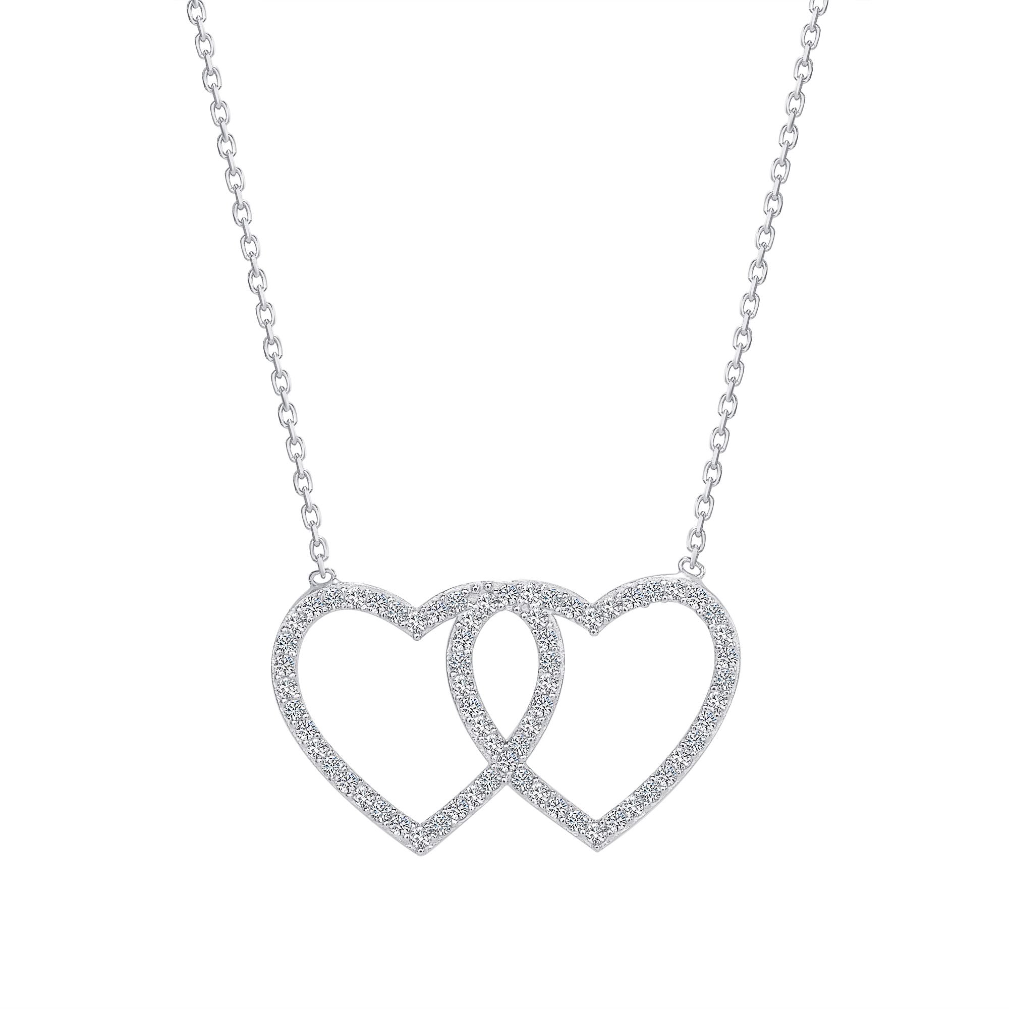 925 Sterling Silver CZ Interlocking Hearts Outline Pendant Necklace