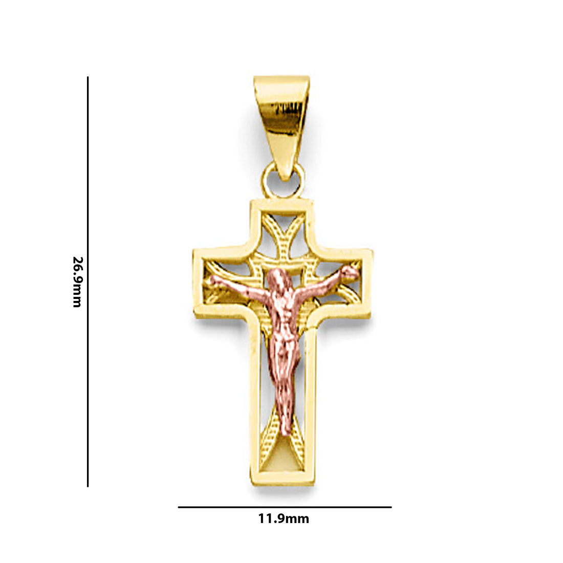 Two Tone Gold Quinceanera Crucifix Cross Pendant  with Measurement