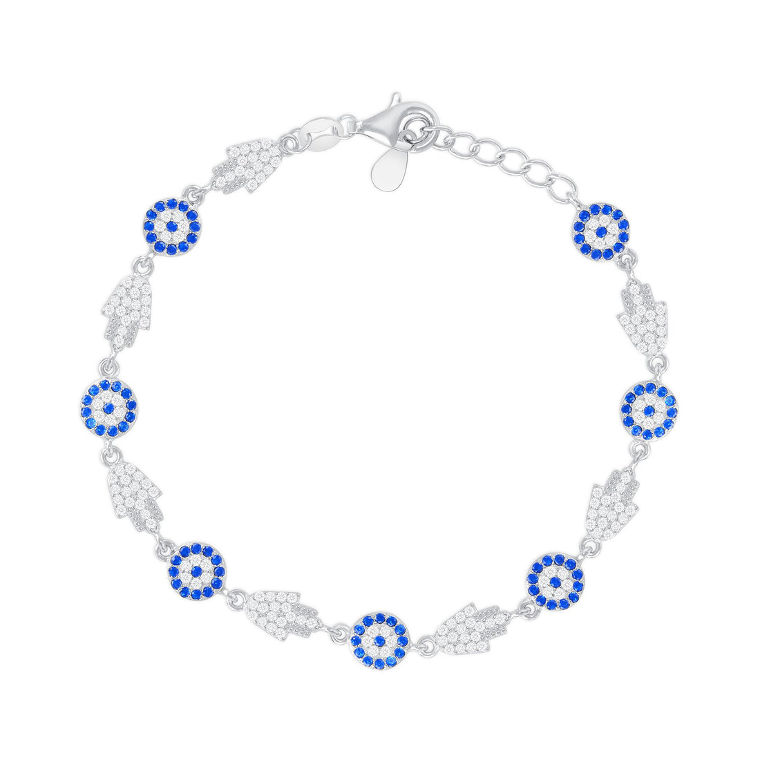 925 Sterling Silver Alternating Hamsa &amp; Evil Eye Blue White CZ Studded Bracelet