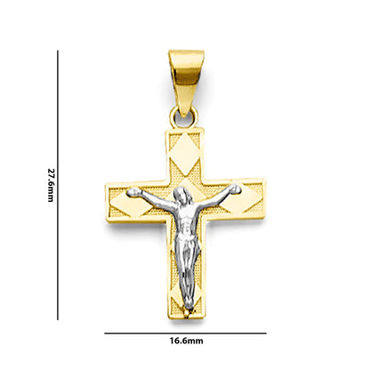 Two Tone Gold Geometric Textured Crucifix Cross Pendant with Measurement