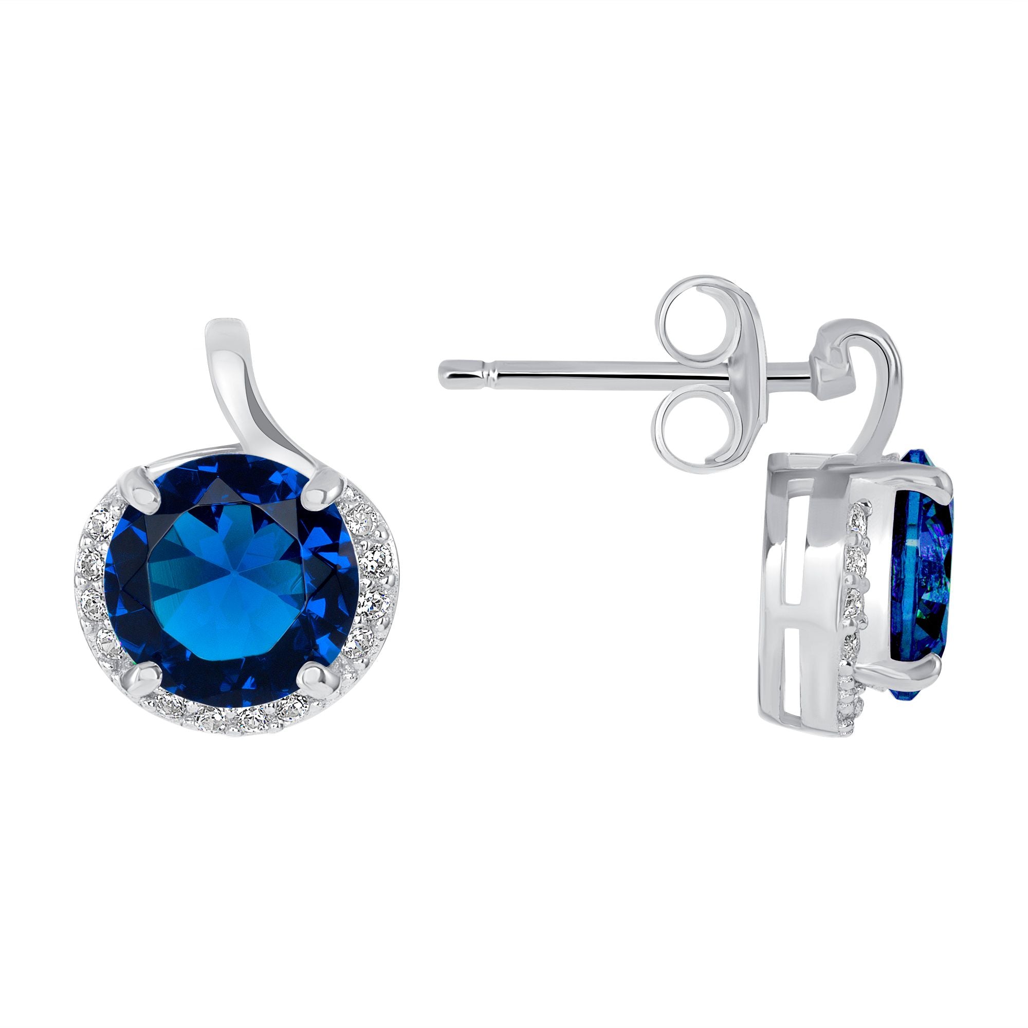 925 Sterling Silver Round Cut Dark Blue CZ with Round Cut White CZ Partial Halo Pendant &amp; Stud Earrings Jewelry Set