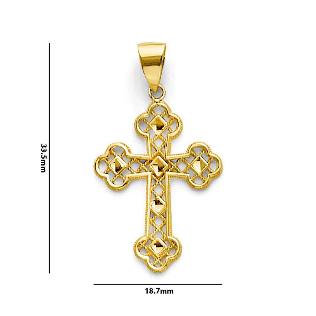 Yellow Gold Lattice Cut-out Cross Pendant with Measurement