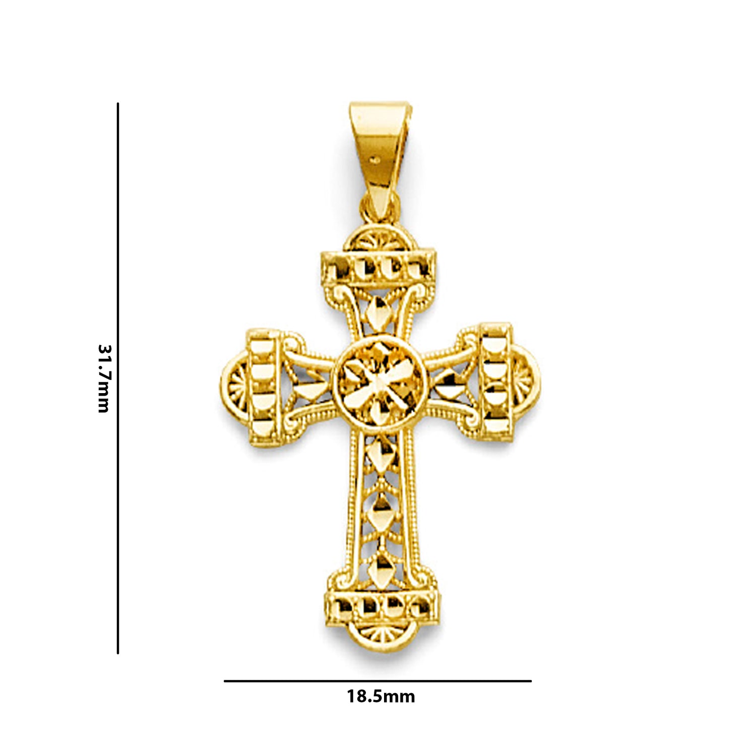 Yellow Gold Fancy Filigree Ornate Cross Pendant with Measurement