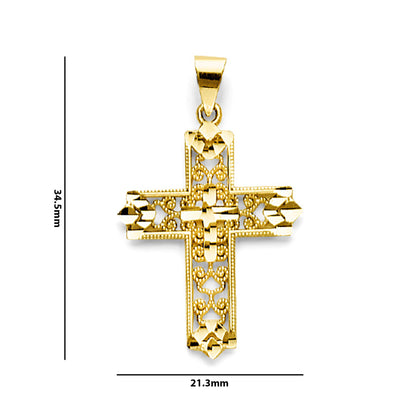 Yellow Gold Diamond-cut Quinceanera Cross Pendant with Measurement