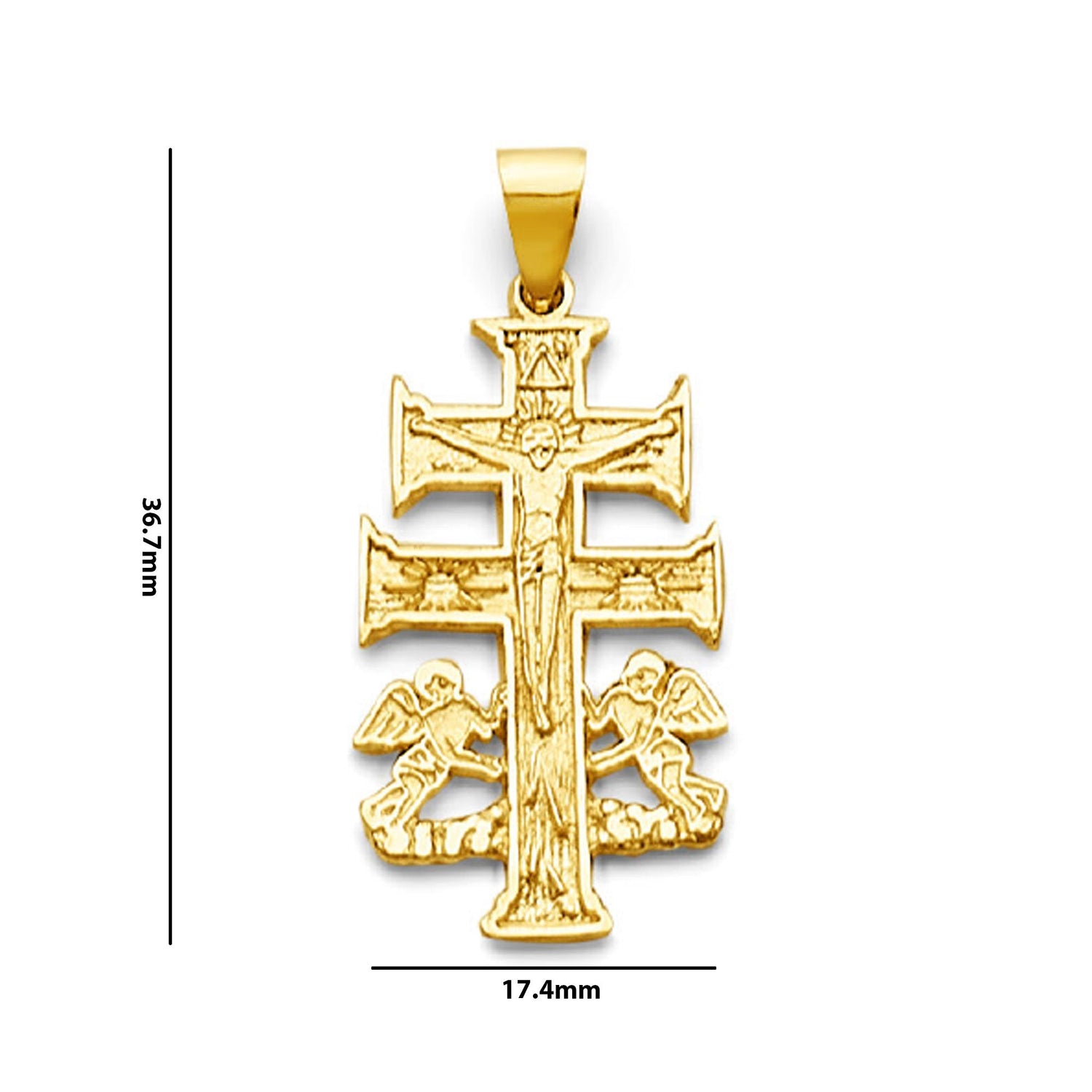 Yellow Gold Patriarchal Angels &amp; Crucifix Cross Pendant with Measurement