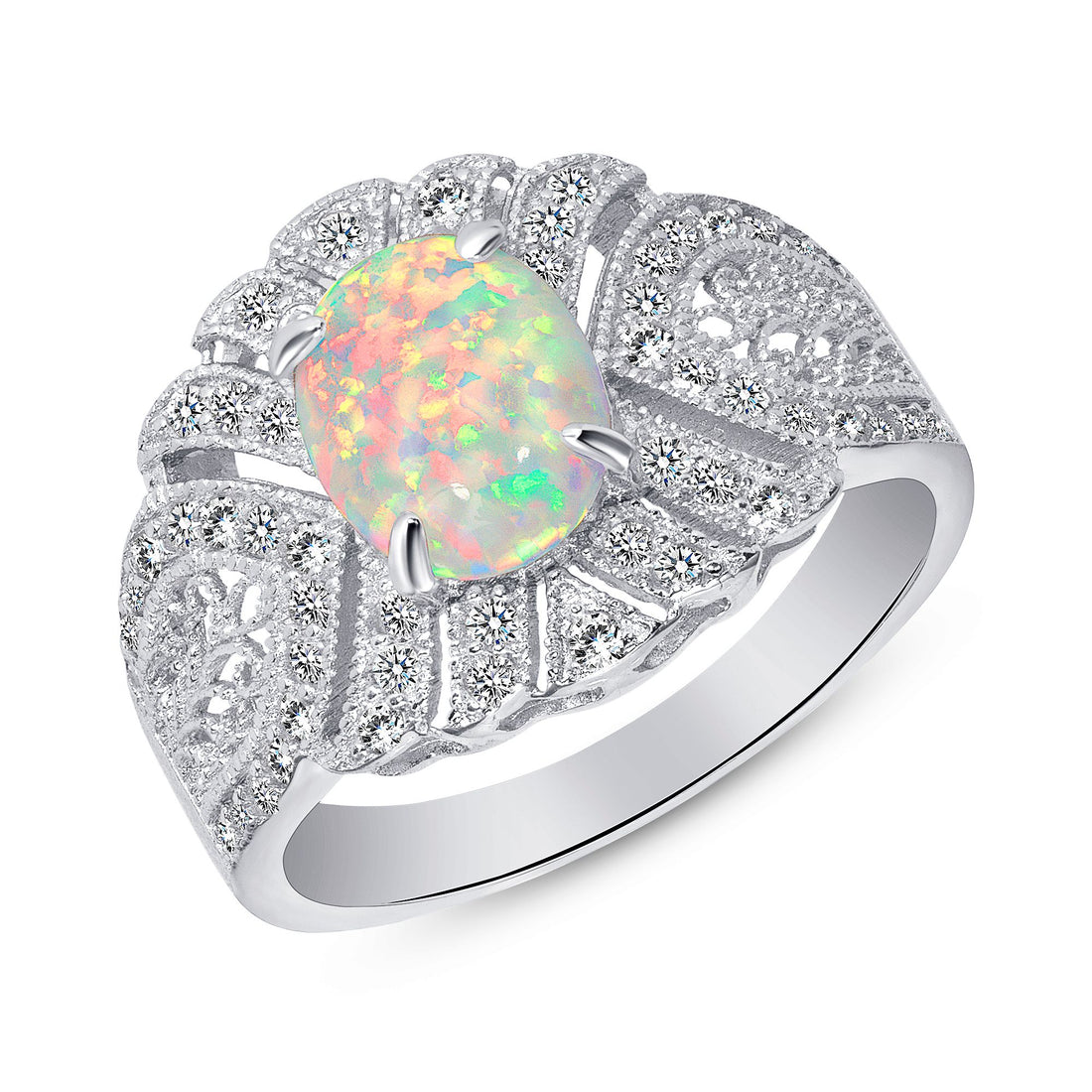 925 Sterling Silver Opal and Round CZ Fashion Ring