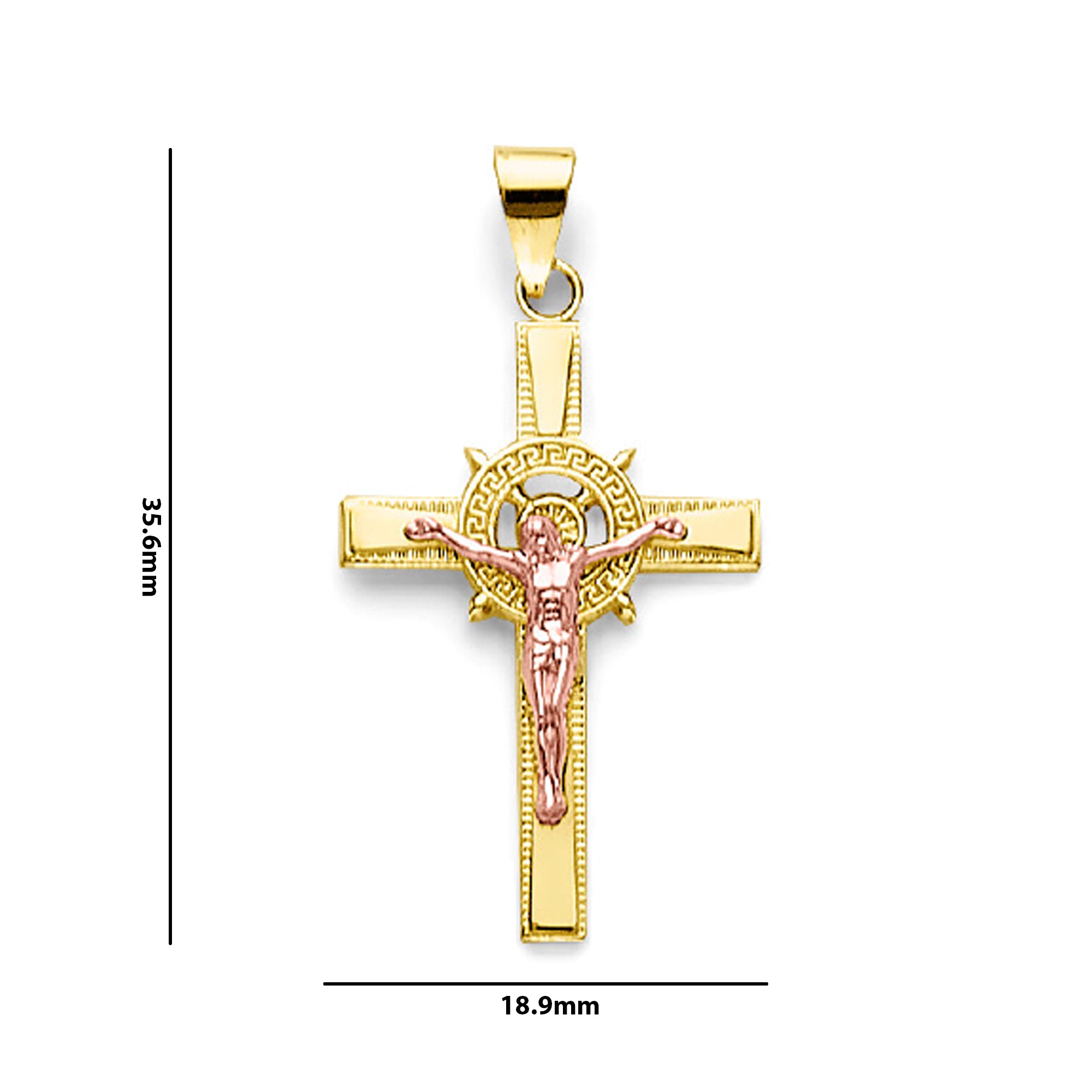 Two Tone Gold St. Benedict Crucifix Cross Medal Pendant with Measurement