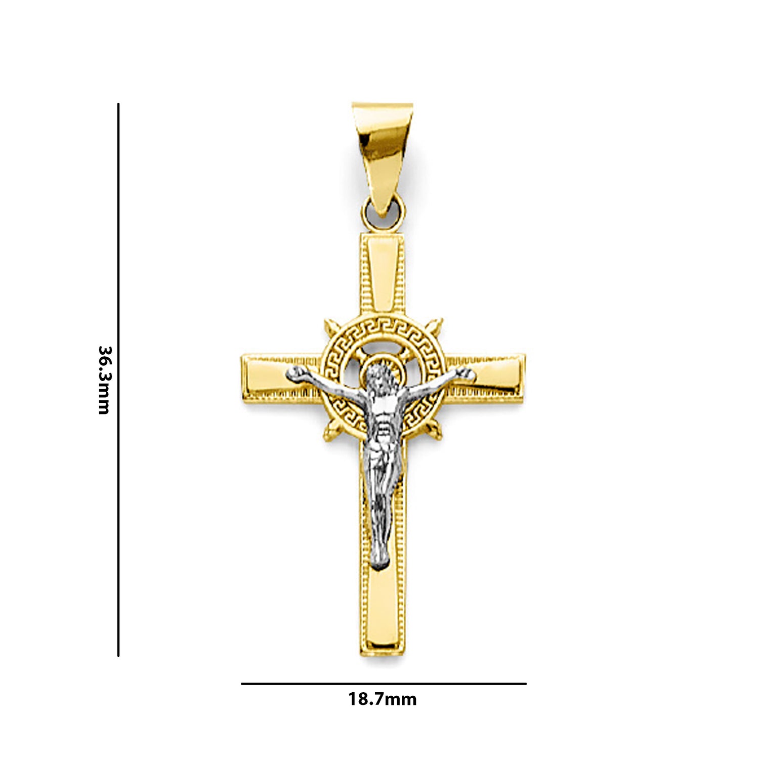 Two Tone Gold St. Benedict Religious Cross Medal Pendant with Measurement