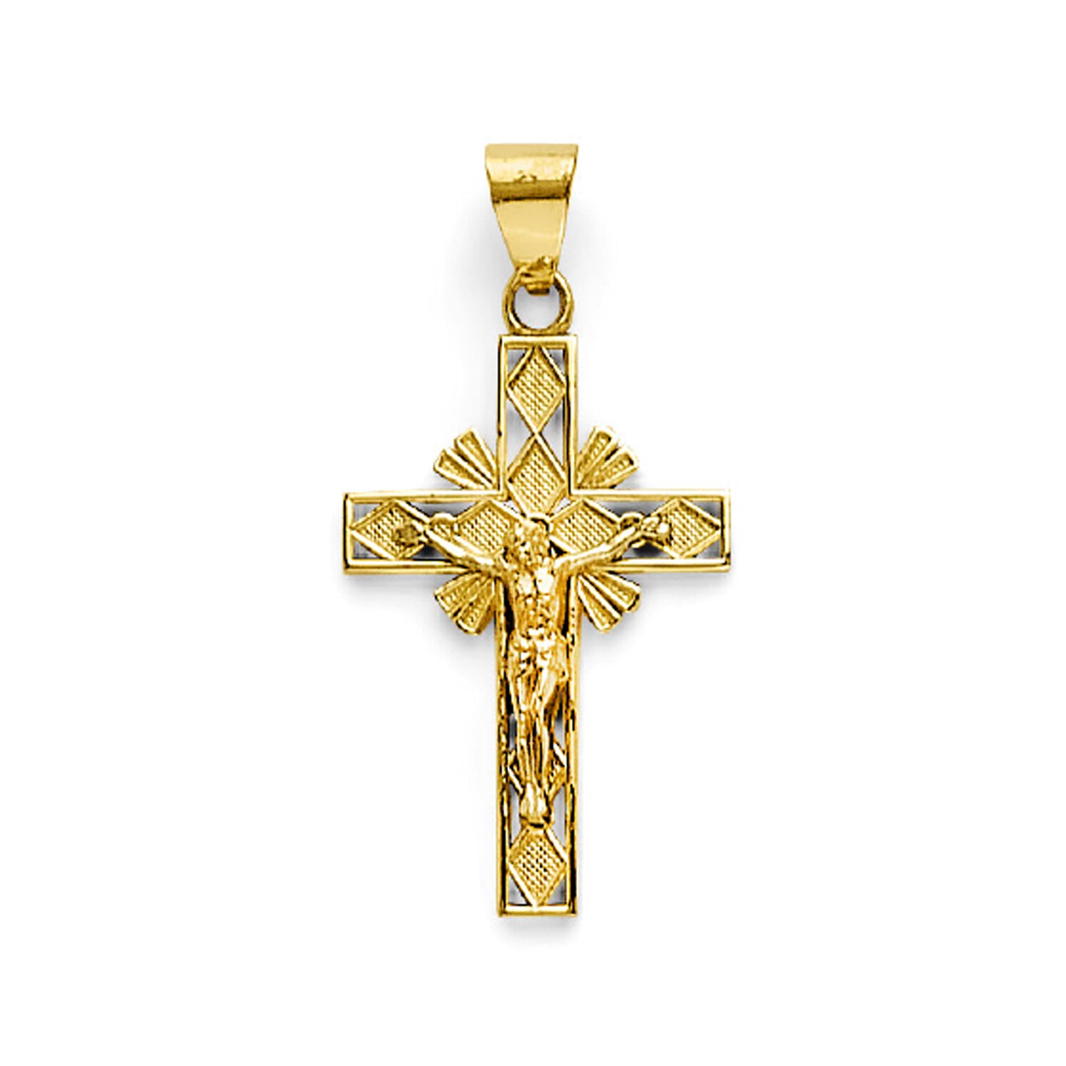 Yellow Gold Geometric Textured Crucifix Cross Pendant