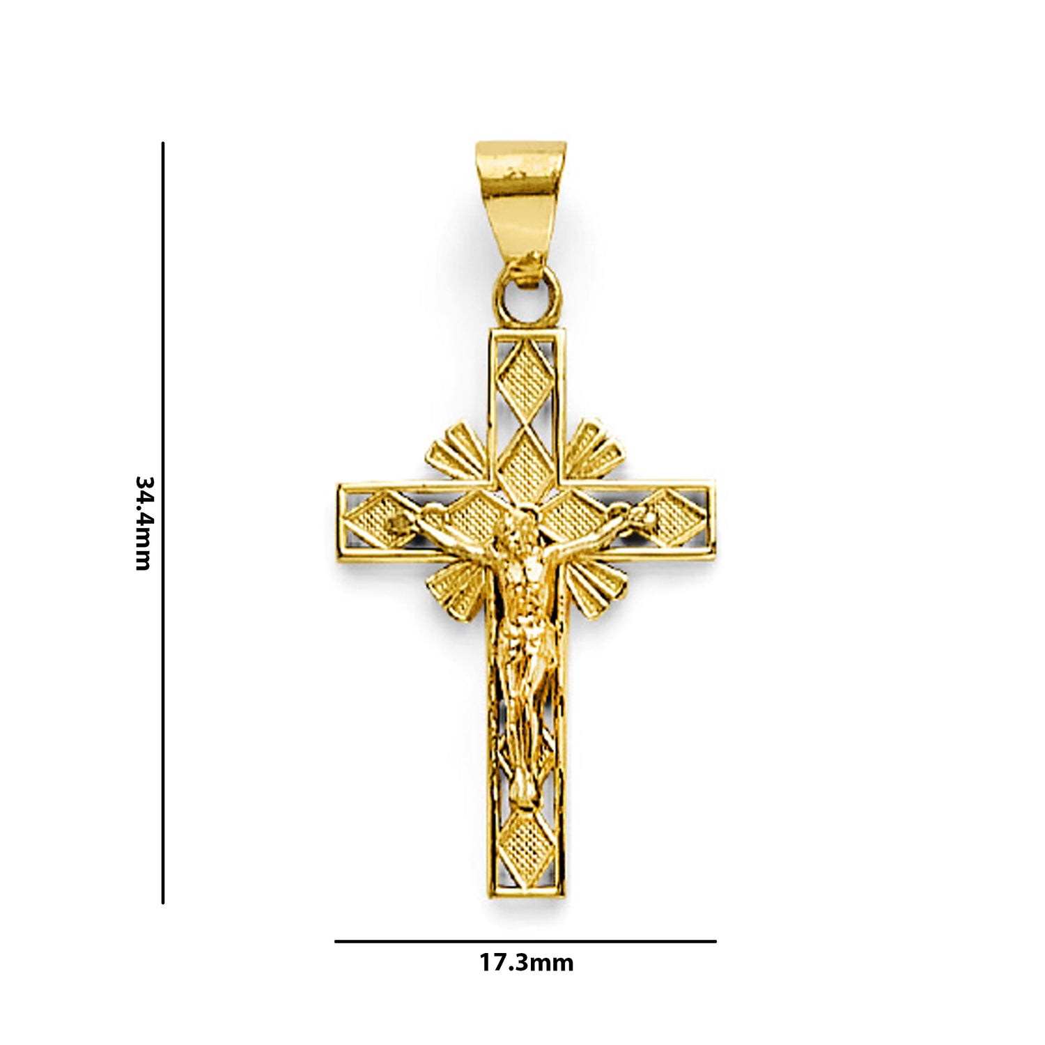 Yellow Gold Geometric Textured Crucifix Cross Pendant with Measurement