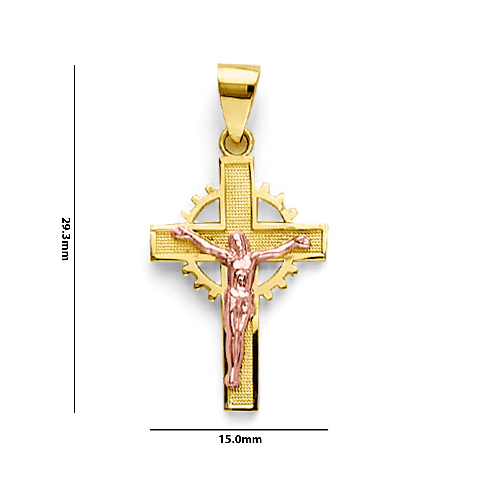 Two Tone Gold Minimal Crucifix Cross Pendant with Measurement