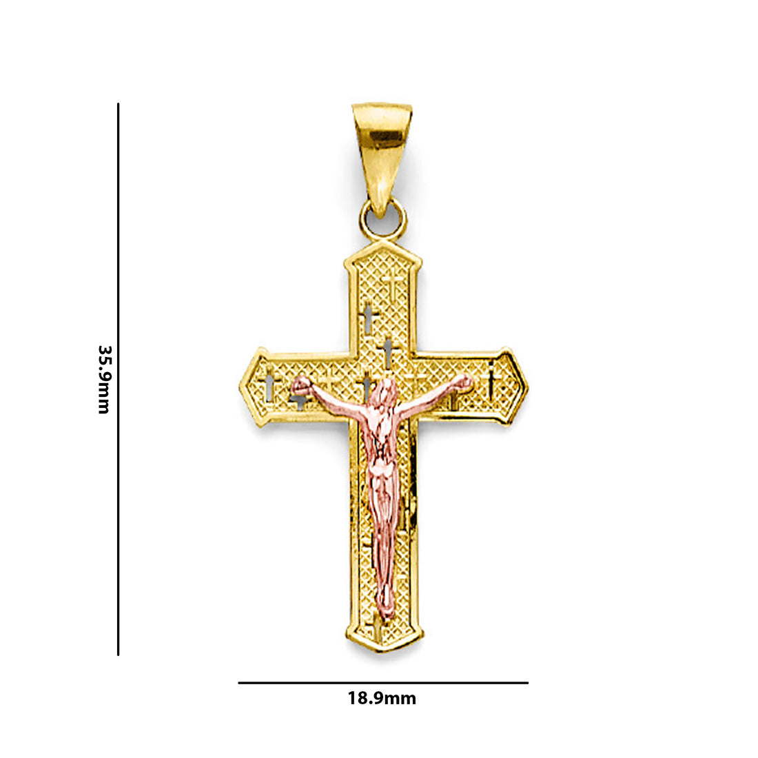 Two Tone Gold Cross Textured Crucifix Pendant with Measurement