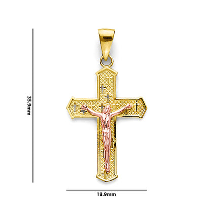 Two Tone Gold Cross Textured Crucifix Pendant with Measurement