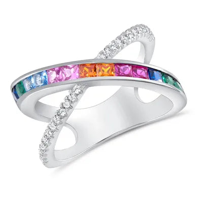 925 Sterling Silver Multi Color CZ Twist Criss Cross Ring