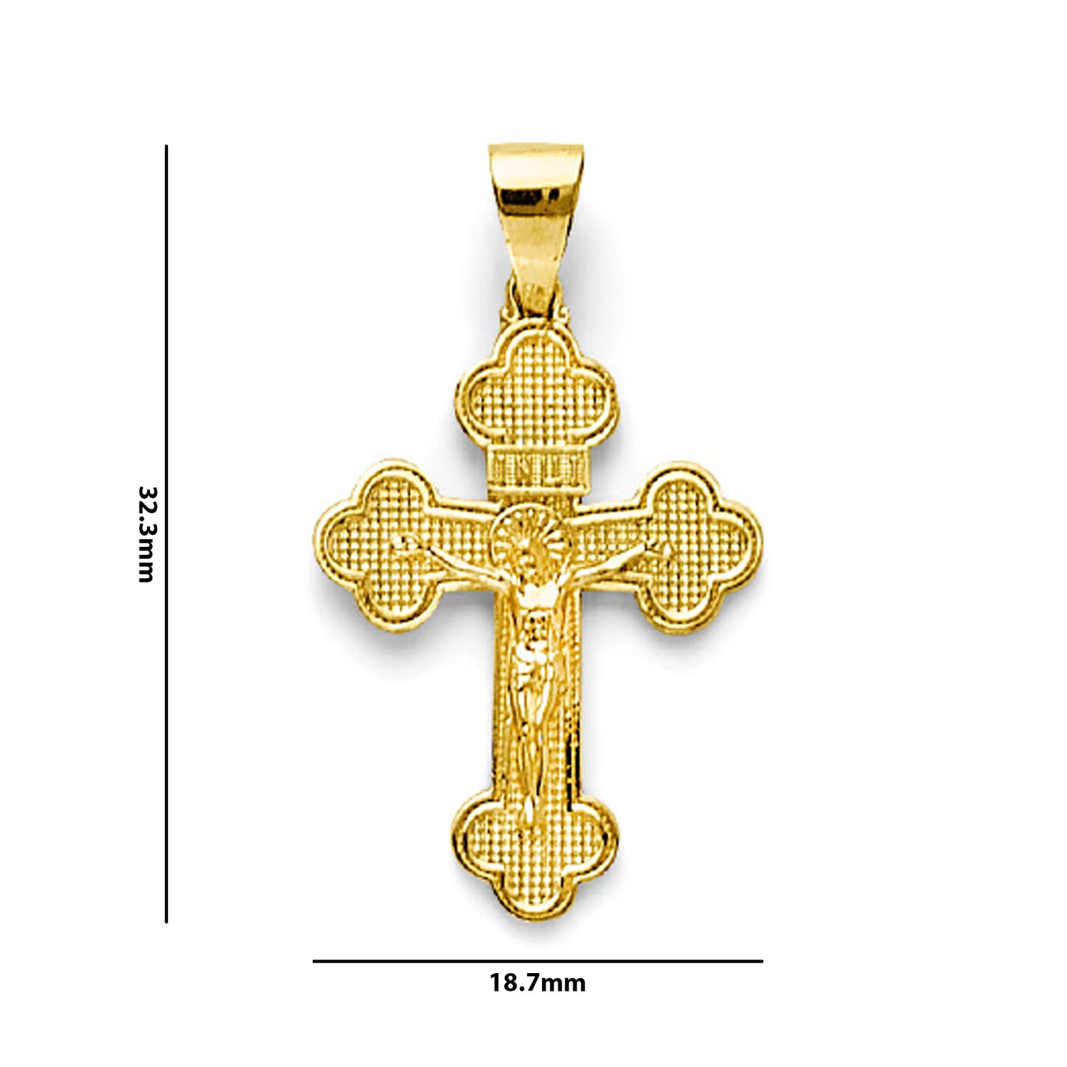 Yellow Gold Textured INRI Crucifix Cross Pendant with Measurement