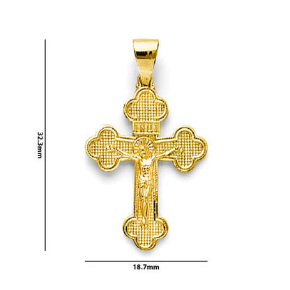 Yellow Gold Textured INRI Crucifix Cross Pendant with Measurement