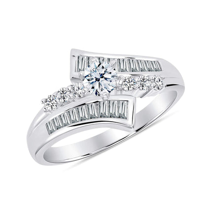 925 Sterling Silver Round &amp; Baguette CZ Engagement Ring