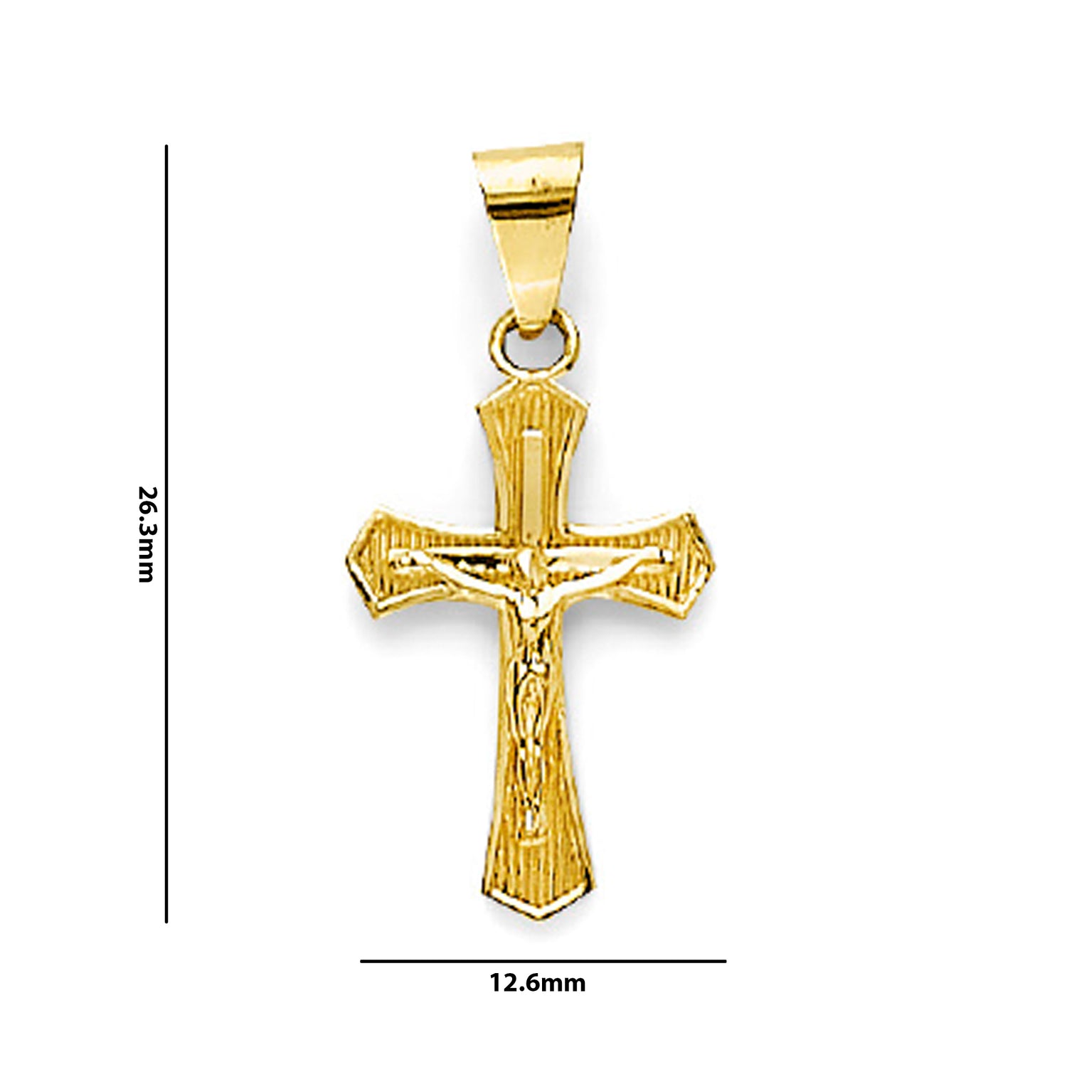 Yellow Gold Shimmering Religious Crucifix Cross Pendant with Measurement