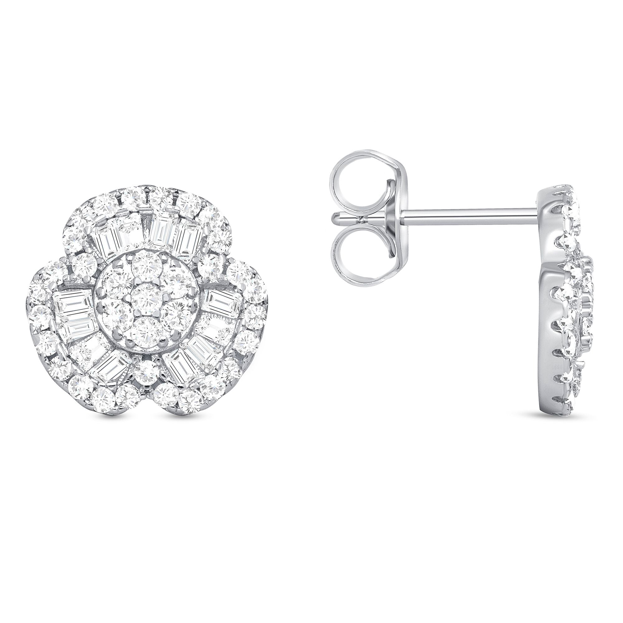 925 Sterling Silver Round Cut Cluster &amp; Baguette Cut CZ Flower Pendant &amp; Stud Earrings Jewelry Set