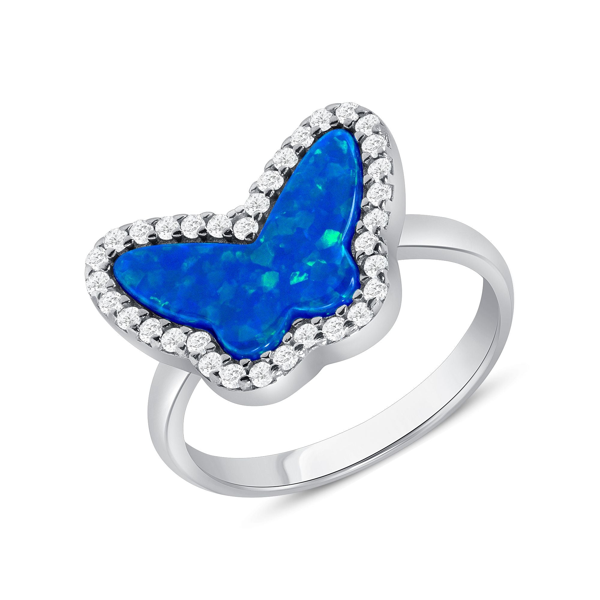 925 Sterling Silver Halo Treated Blue Opal and CZ Butterfly Fashion Ring