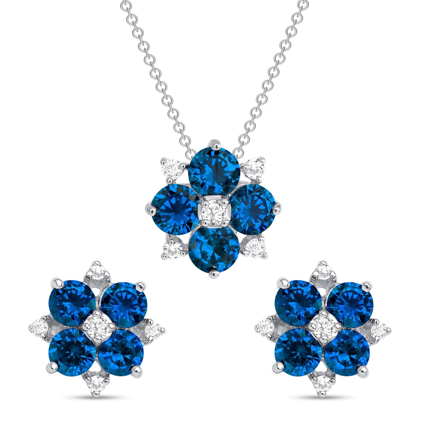 925 Sterling Silver Round Cut Blue &amp; White CZ Flower Pendant &amp; Stud Earrings Jewelry Set