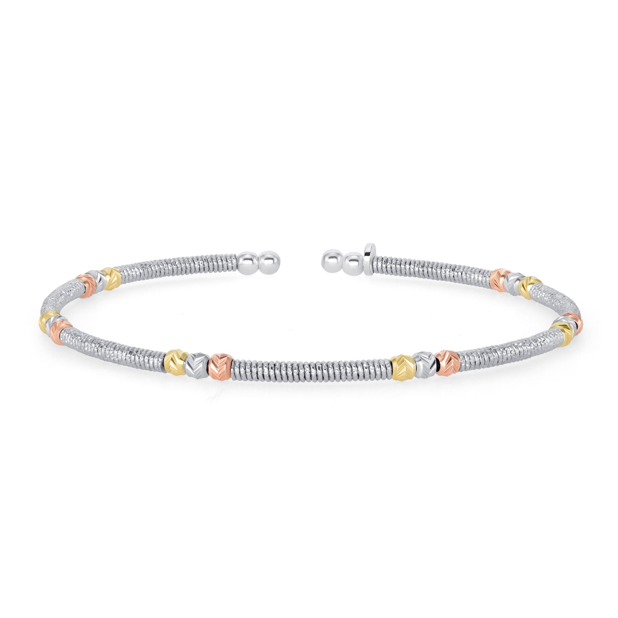 925 Sterling Silver Diamond Cut Tri Tone Bead Wire Wrapped Cuff Bracelet