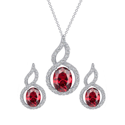 925 Sterling Silver Oval Cut Red CZ with Twisted CZ Halo Teardrop Pendant &amp; Earrings Jewelry Set